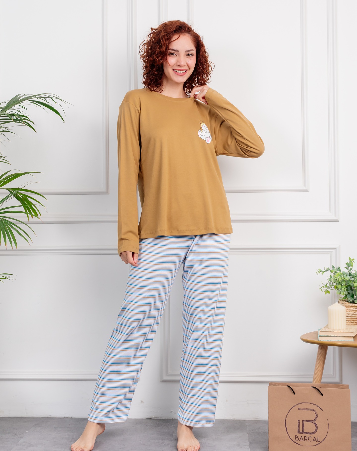 Pijama de dama en Gamuza pima c/pantalon rayas - Modelo Osito - Imagen 6
