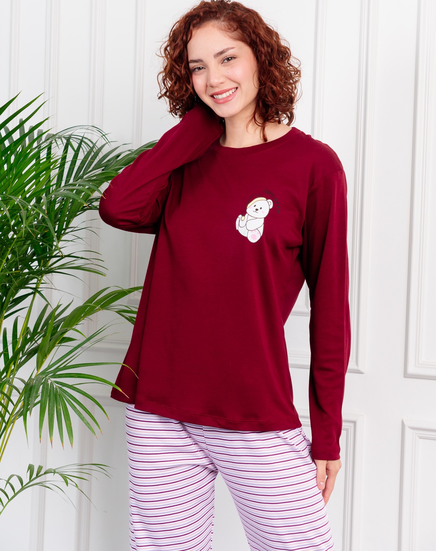 Pijama de dama en Gamuza pima c/pantalon rayas - Modelo Osito - Imagen 5