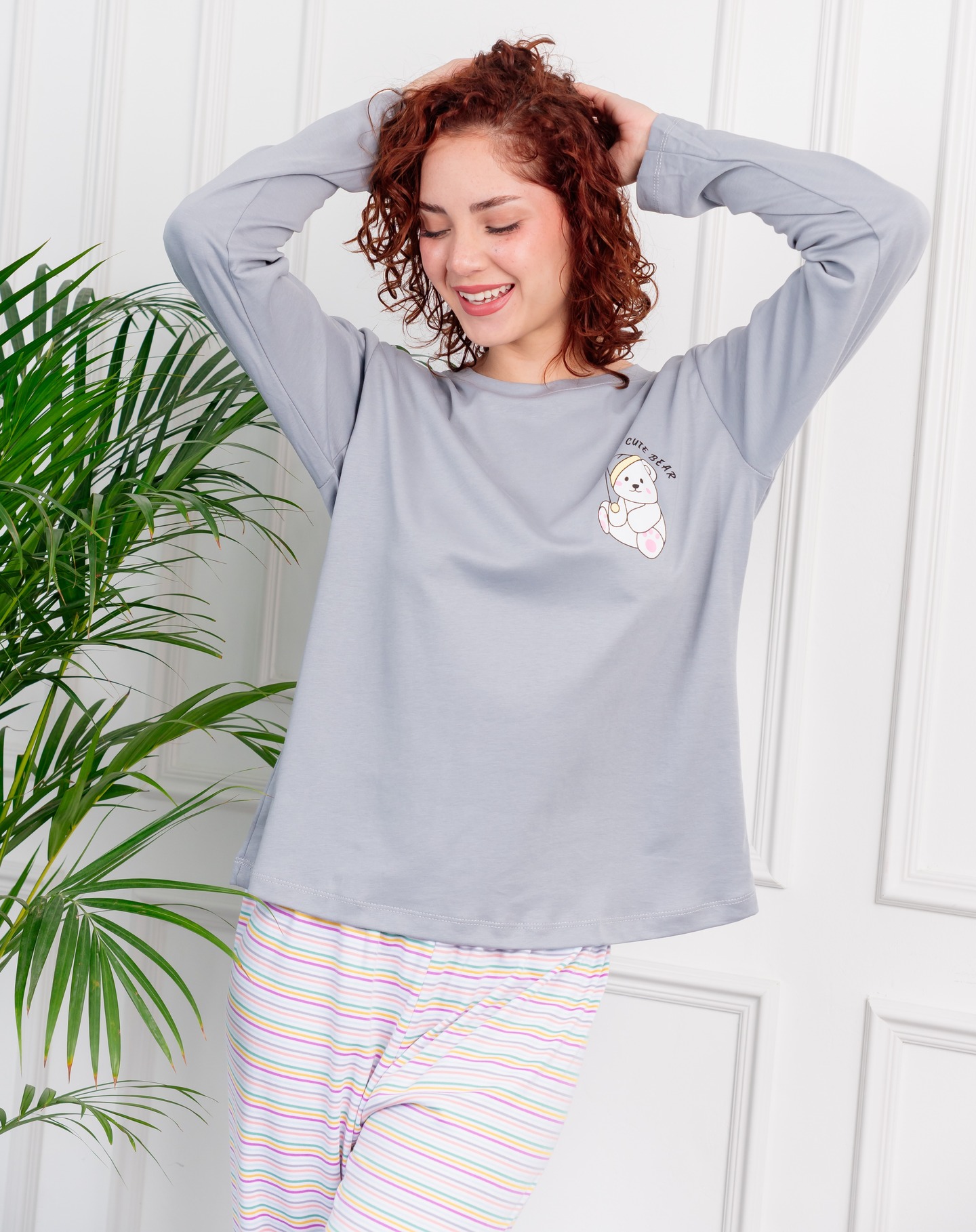 Pijama de dama en Gamuza pima c/pantalon rayas - Modelo Osito - Imagen 4