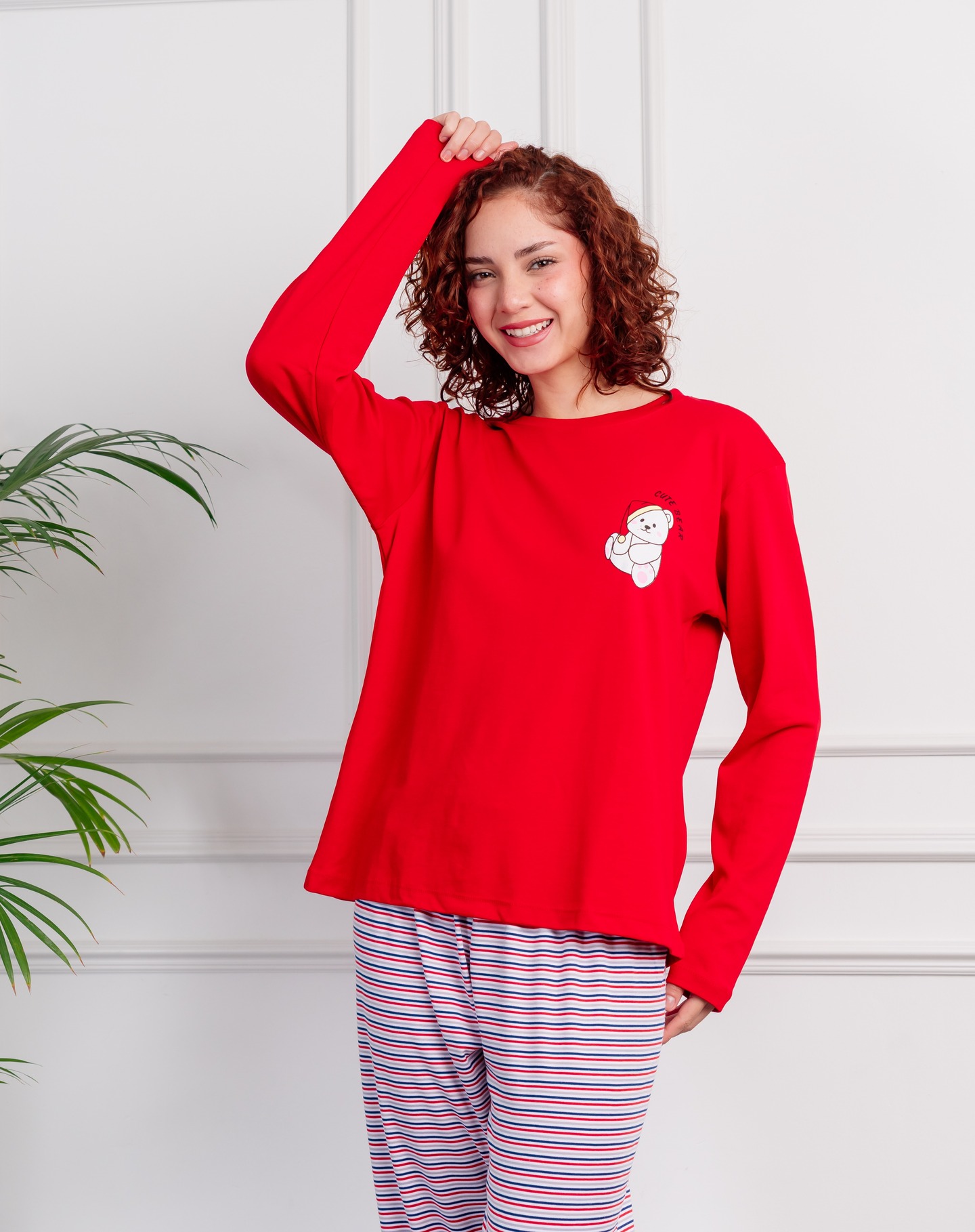 Pijama de dama en Gamuza pima c/pantalon rayas - Modelo Osito - Imagen 3