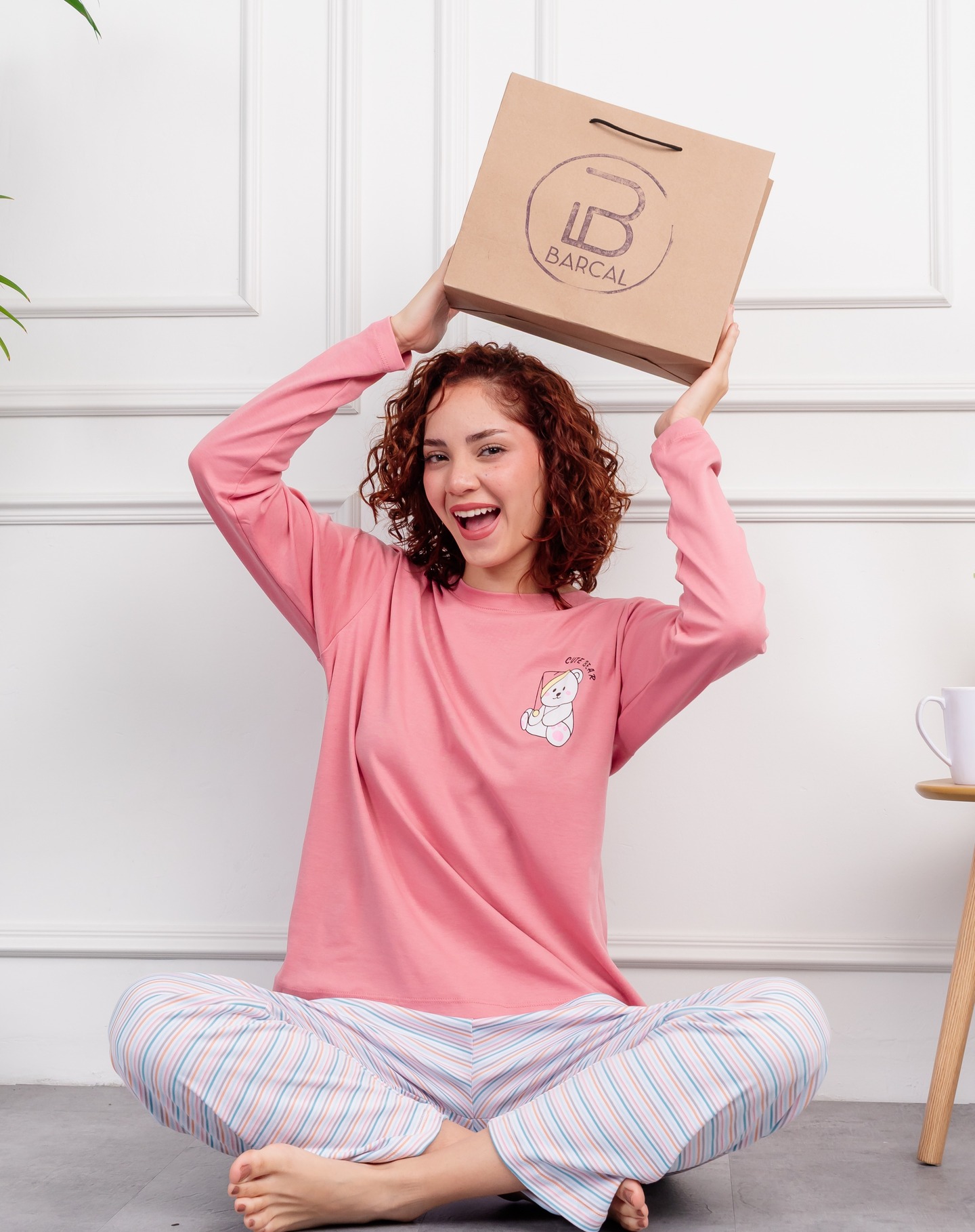 Pijama de dama en Gamuza pima c/pantalon rayas - Modelo Osito