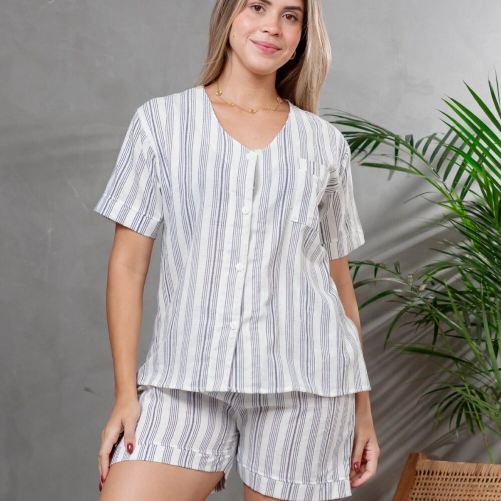 Pijama de dama en algodon lino rayas m/corta c/short - Modelo Emilia