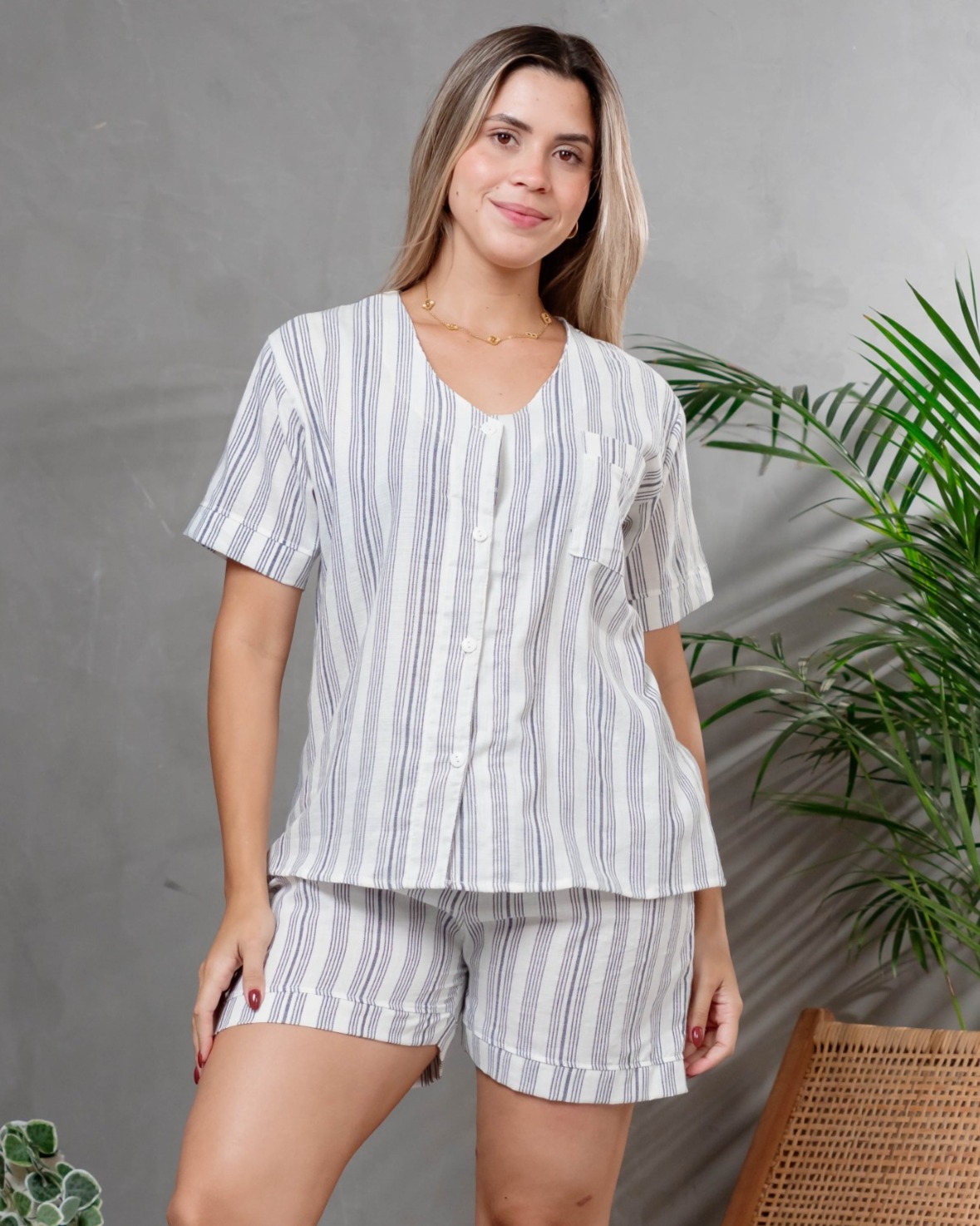 Pijama de dama en algodon lino rayas m/corta c/short - Modelo Emilia