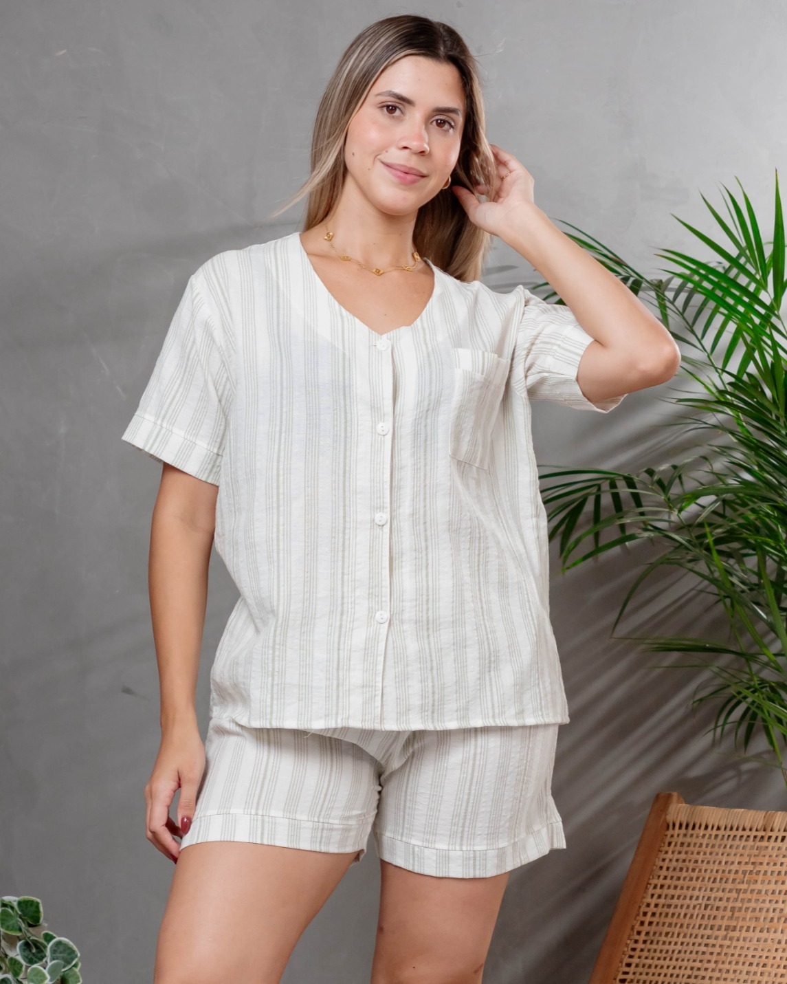 Pijama de dama en algodon lino rayas m/corta c/short - Modelo Emilia - Imagen 4