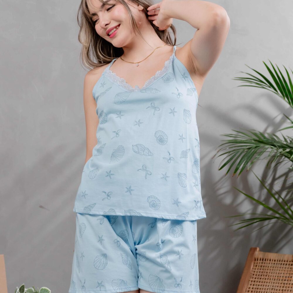 Pijama de dama de tiras en algodon con estampado conchitas - Modelo Marina